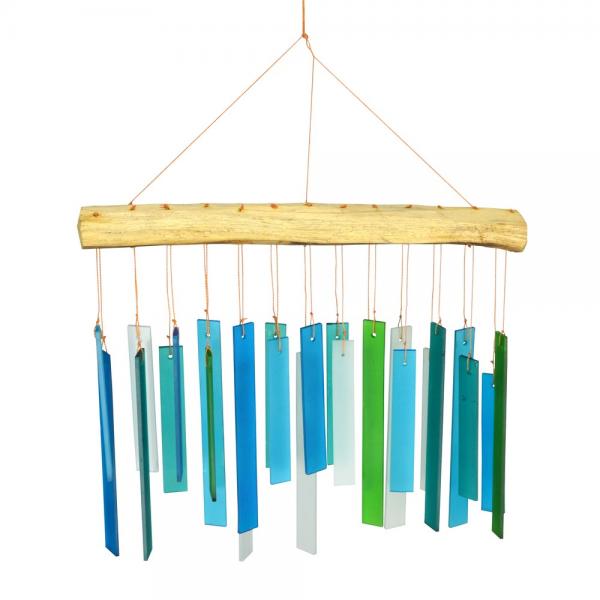 Colorful glass wind chime with wooden base on a white background