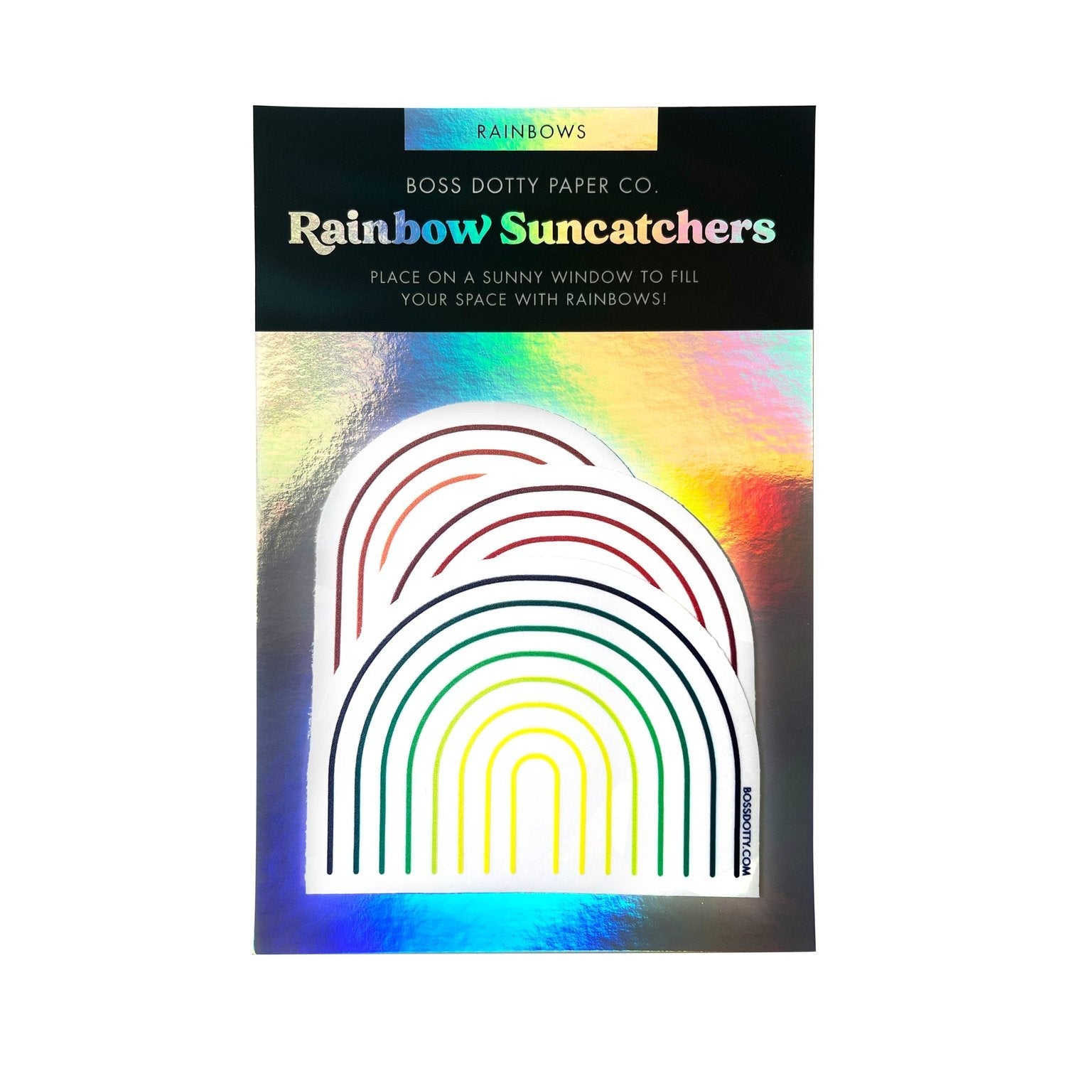 Packaging of Rainbow Suncatchers with colorful design on a white background