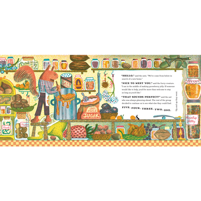 A colorful illustrated product panel showing a whimsical scene with jars, fruit, a character in a plaid shirt, and a central text box with dialogue. The artwork is highly detailed and multicolored, set against a white background.