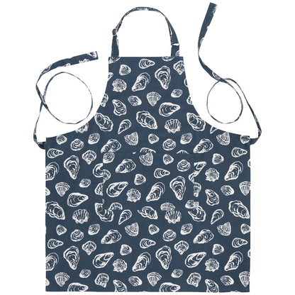Navy apron with white shell pattern on a white background