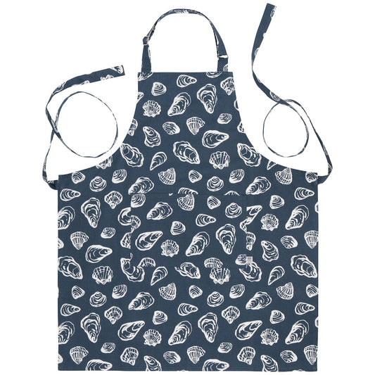 Navy apron with white shell pattern on a white background