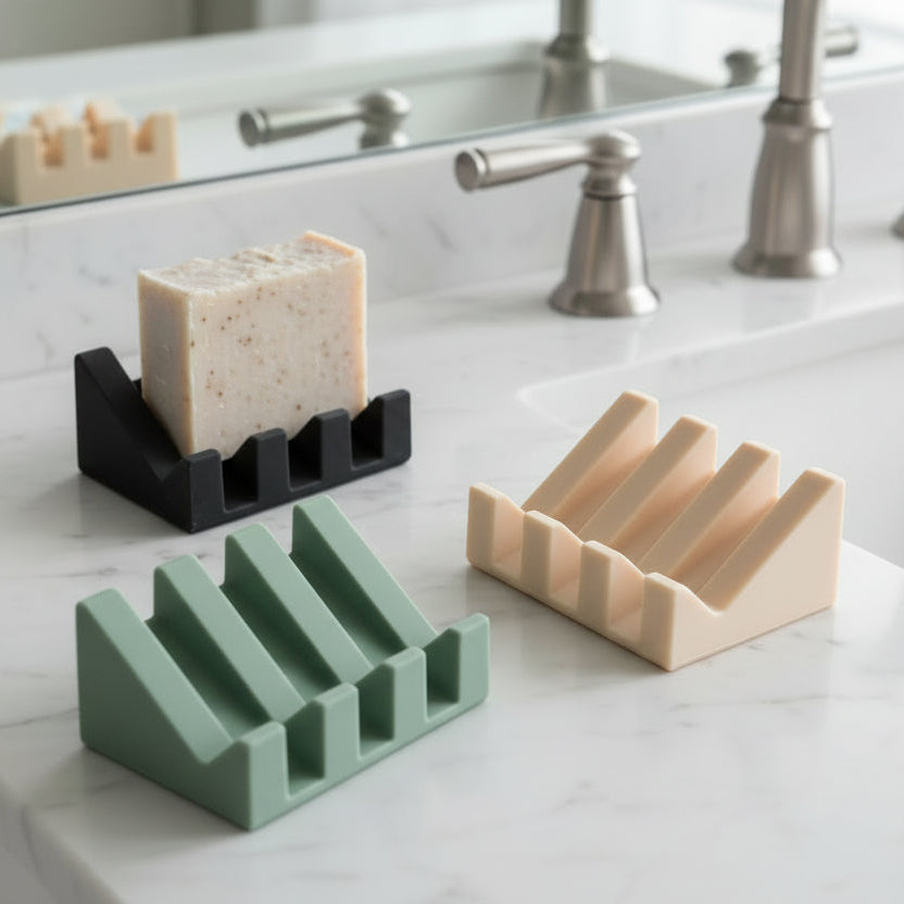 Three wedge-shaped soap rests in black, green, and beige on a white background