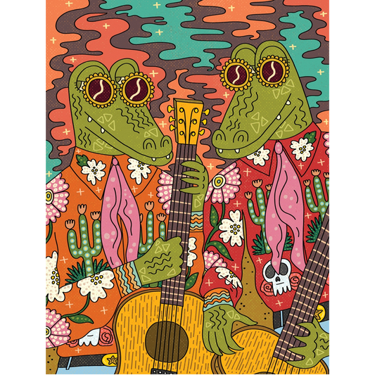 A colorful illustrated artwork showing two green crocodile-like figures wearing round sunglasses and playing acoustic guitars, surrounded by flowers, cacti, and abstract wavy patterns in orange, teal, pink, brown, and yellow.