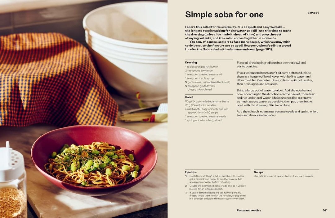 Bowl of noodles with recipe text