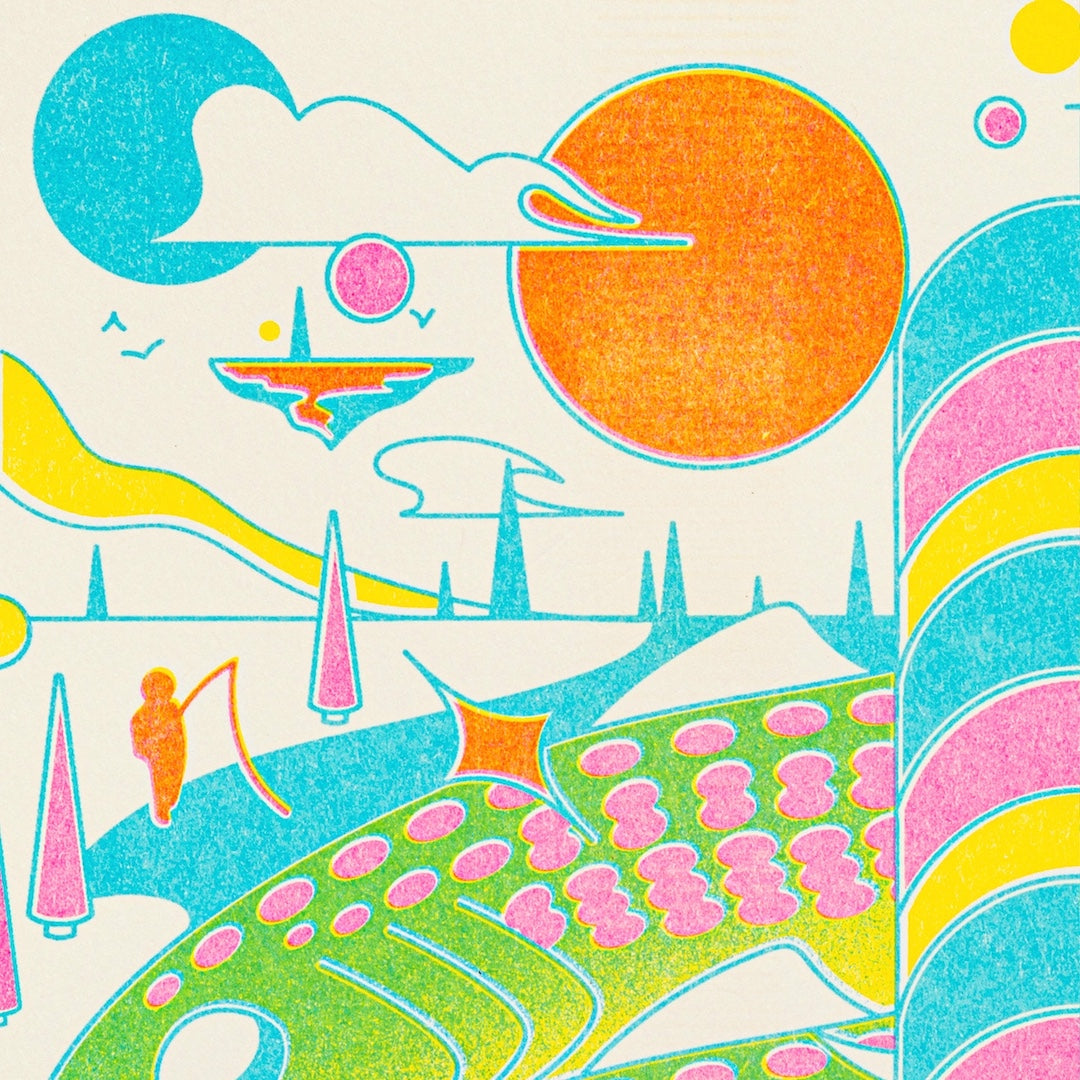 Colorful abstract landscape with geometric shapes and patterns