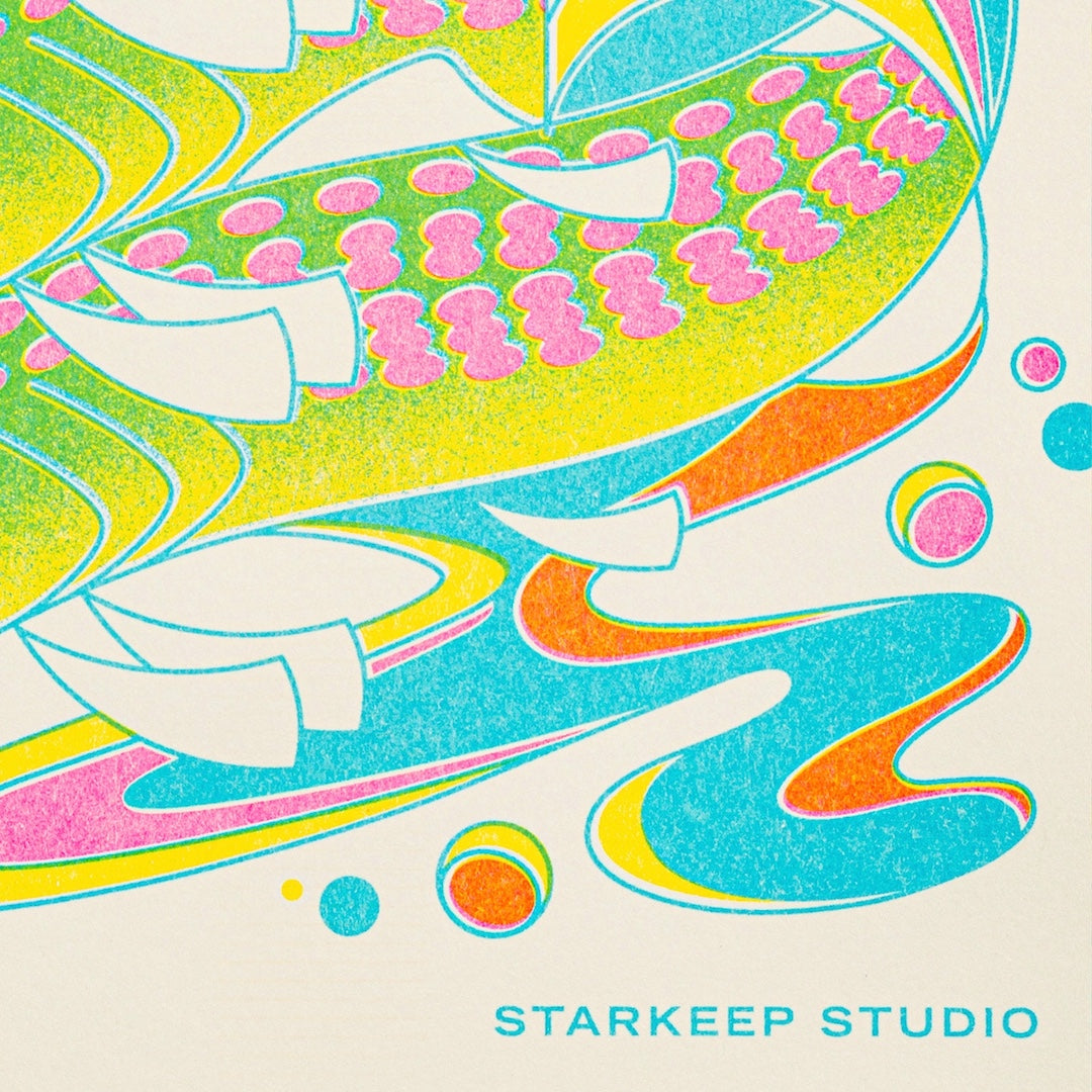 Colorful abstract design with swirling patterns and 'Starkeep Studio' branding.