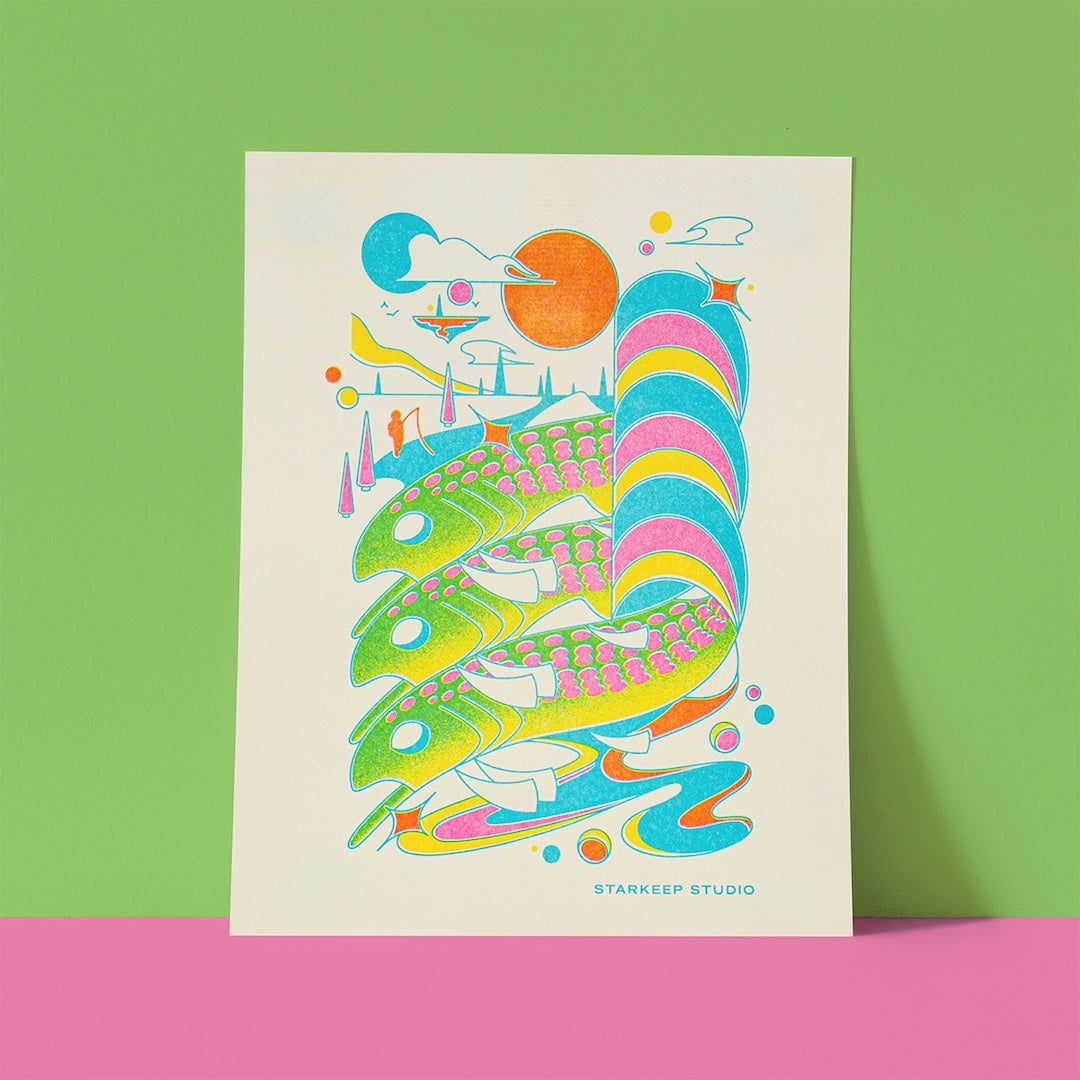 Colorful abstract print on white paper with 'Starkeep Studio' branding, against a green and pink background.