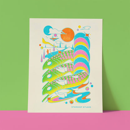 Colorful abstract print on white paper with 'Starkeep Studio' branding, against a green and pink background.