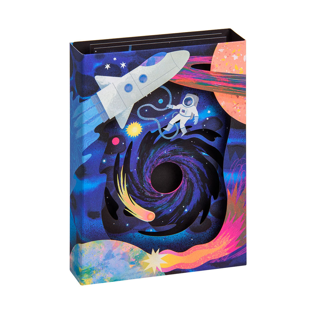 Colorful space-themed 3D greeting card with a rocket and astronaut illustration.