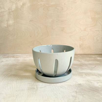 Light green ceramic berry bowl on a wooden background