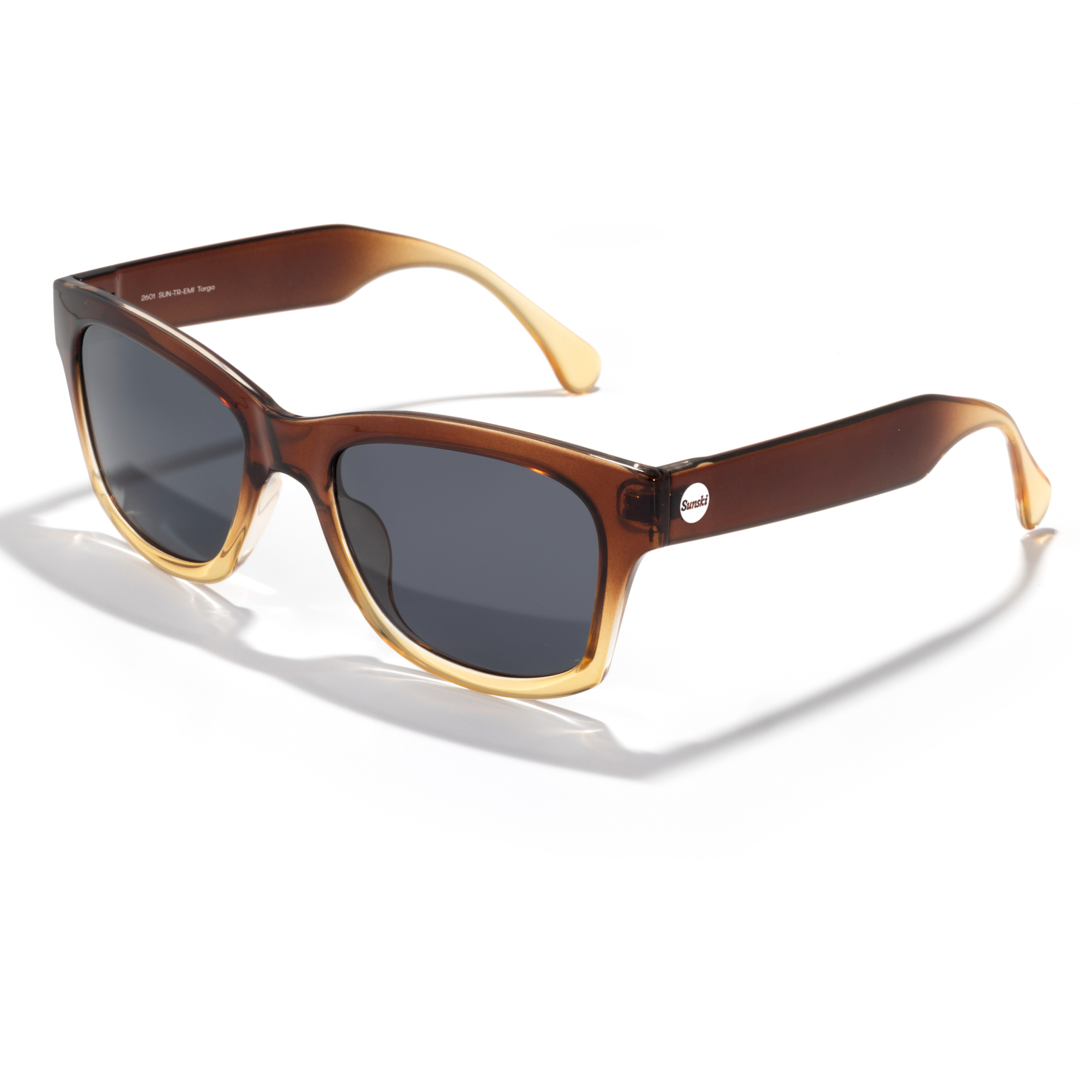 Sunglasses with brown frame and dark lenses on a white background