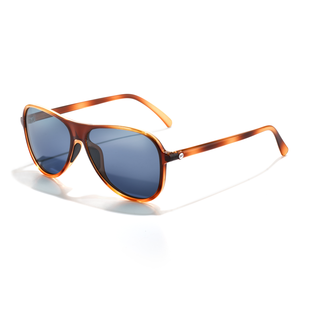 Sunglasses with tortoiseshell frame and blue tinted lenses on a white background