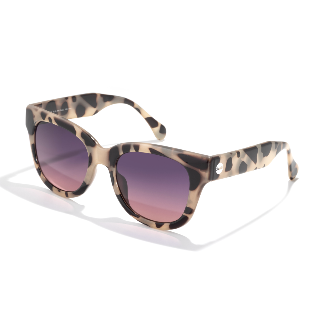 Sunglasses with leopard print frame and purple gradient lenses on a white background