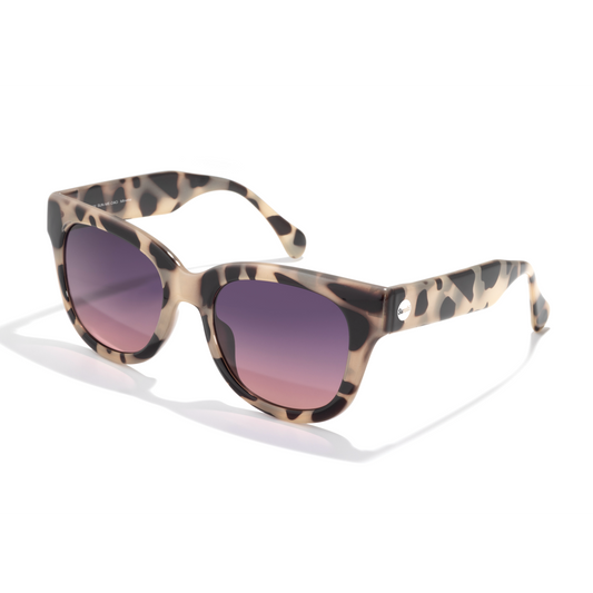 Sunglasses with leopard print frame and purple gradient lenses on a white background