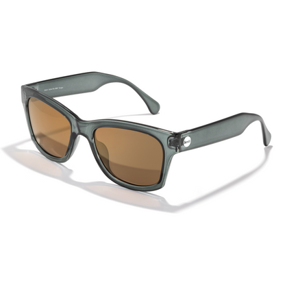Sunglasses with a pine green tinted frame and brown lenses on a white background