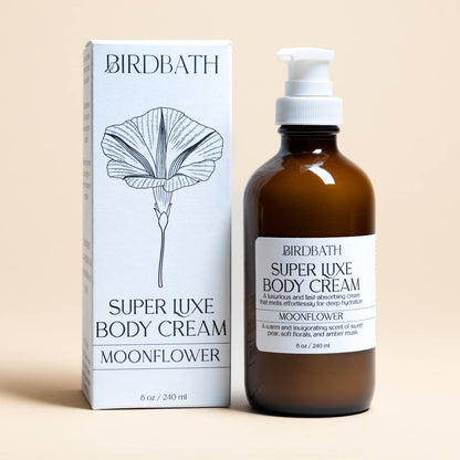Birdbath Super Luxe Body Cream Moonflower with packaging on a beige background