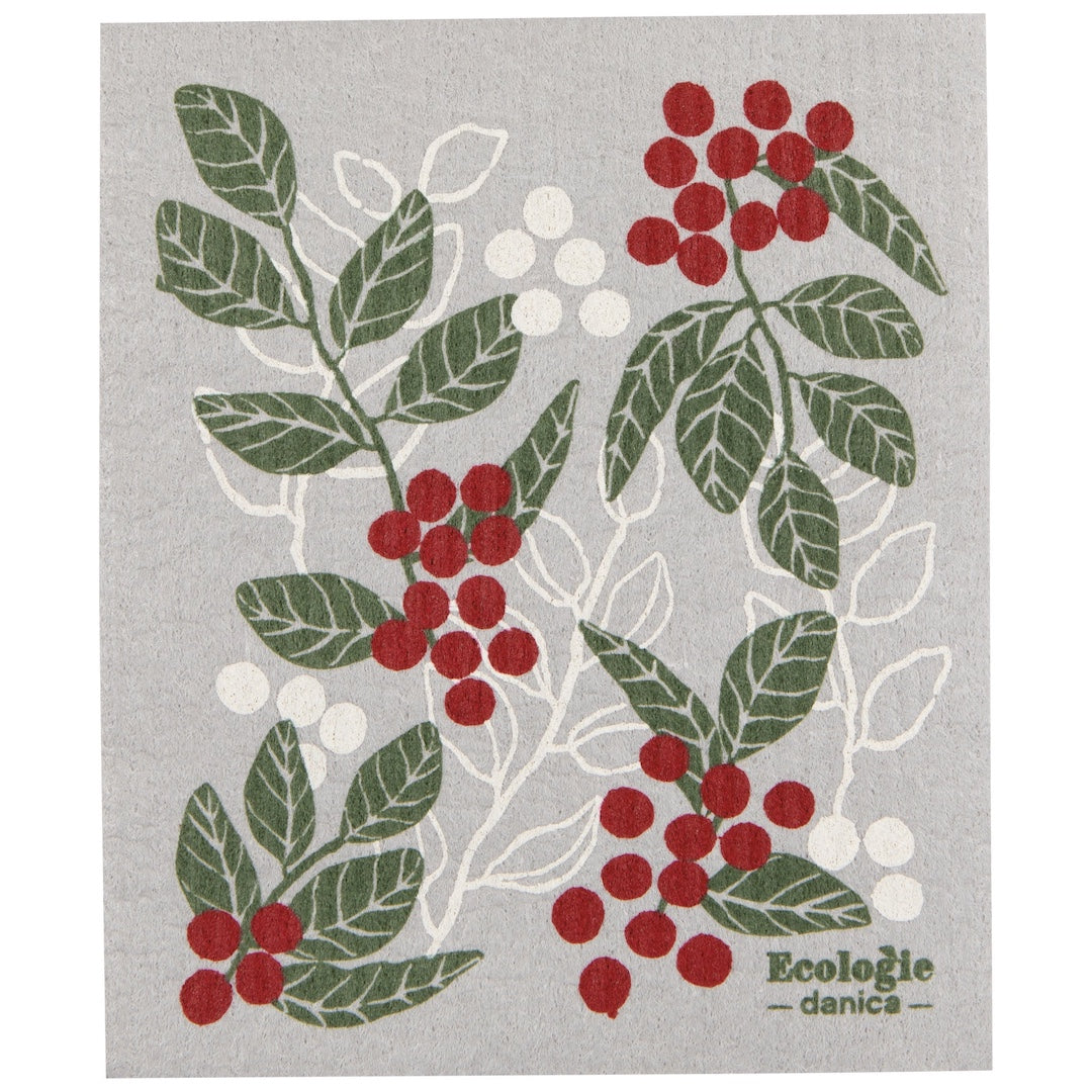 gray swedish dishcloth with holly berry pattern and 'EcoLogie danica' branding on it