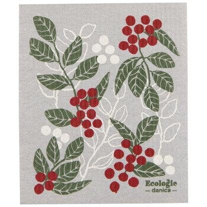 gray swedish dishcloth with holly berry pattern and 'EcoLogie danica' branding on it