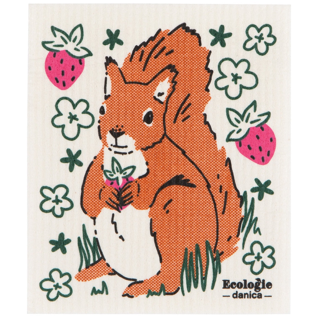 white Swedish dishcloth with a Squirrel holding a strawberry with floral designs and 'Ecologie danica' branding on it on a white background
