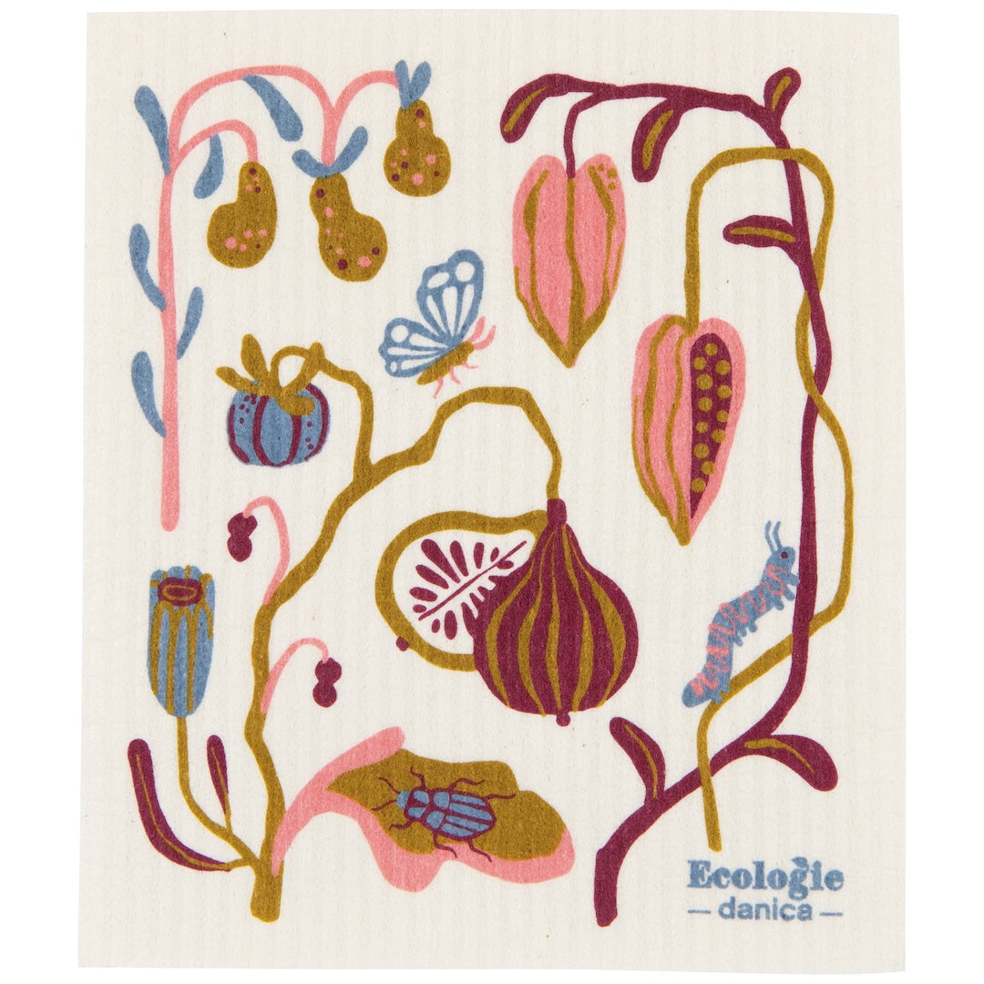 white swedish dishcloth with colorful plant and insect pattern on it,  featuring the brand 'Ecologie danica'.