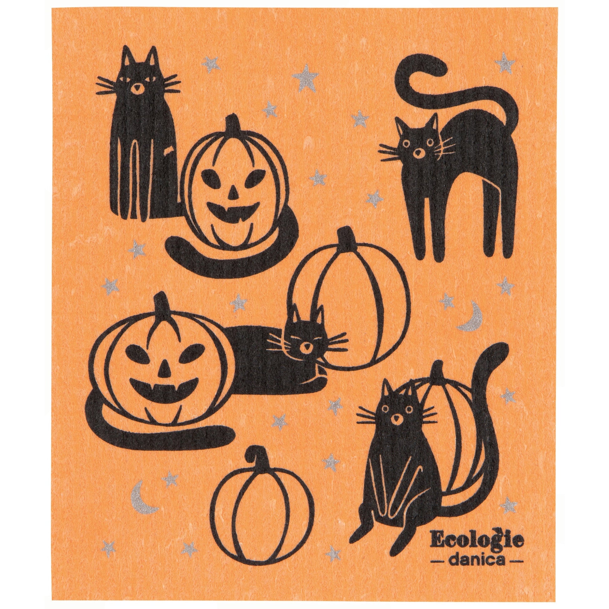 Halloween-themed swedish dishcloth with black cats and pumpkins on an orange background, featuring the brand 'Ecologie danica'.
