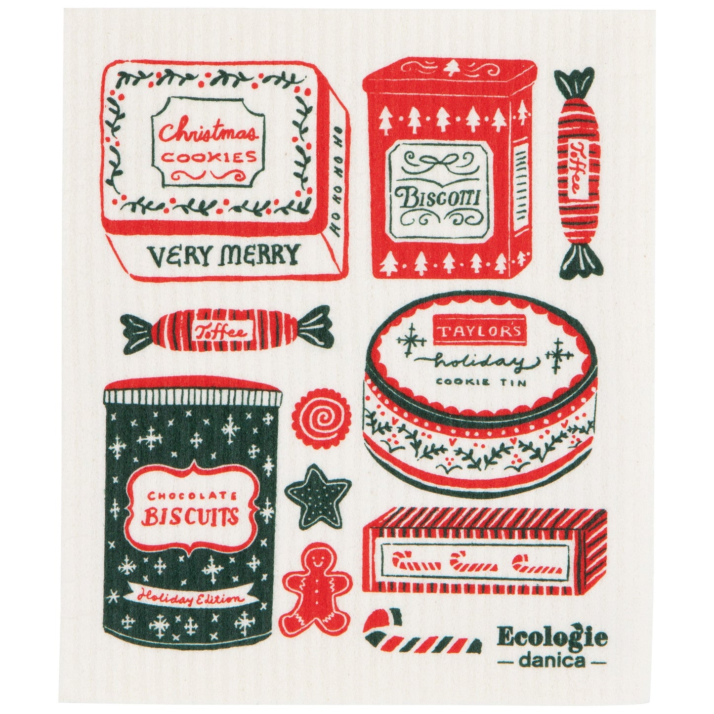 white swedish dishcloth with Christmas-themed cookie tins and candies on it
