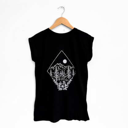 black sleeveless shirt with a forest and mountain design on it.