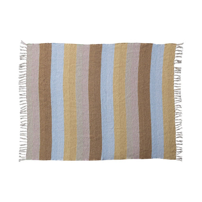 tan, blue, and gold striped blanket