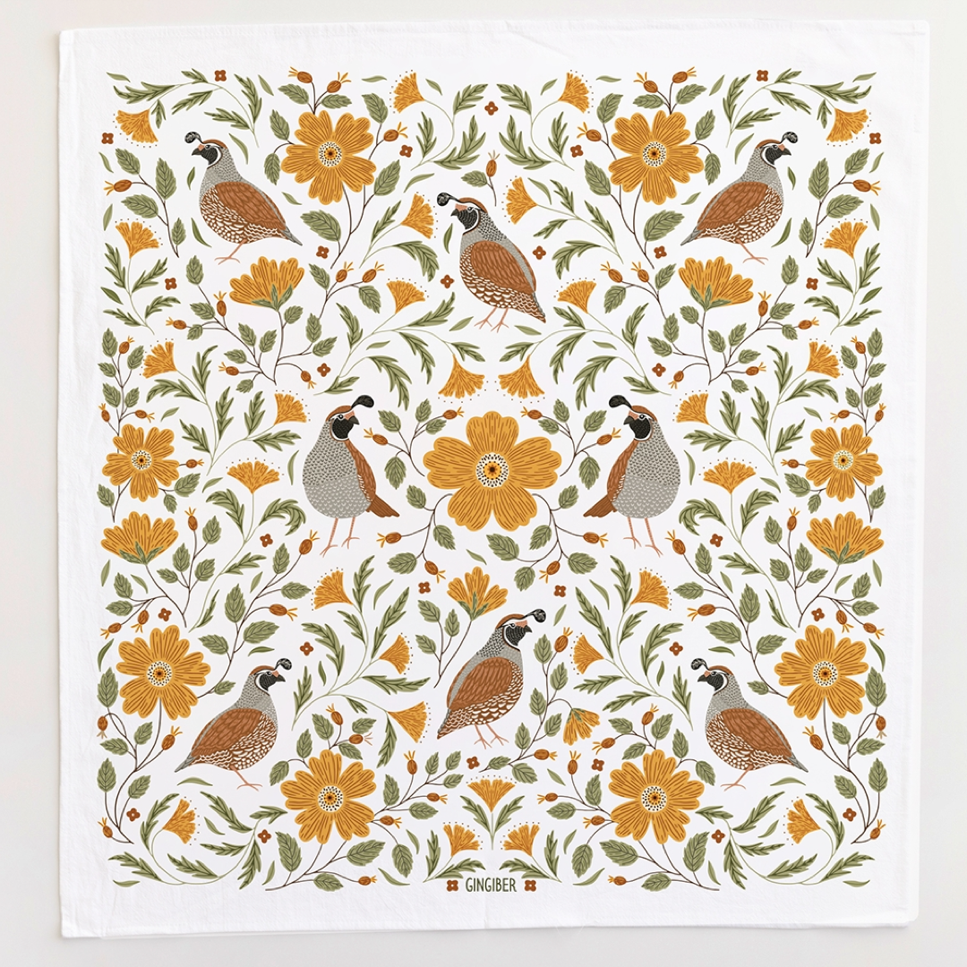 A square white textile featuring a repeating floral and bird pattern with orange flowers, green leaves, and brown-and-gray quail birds. 