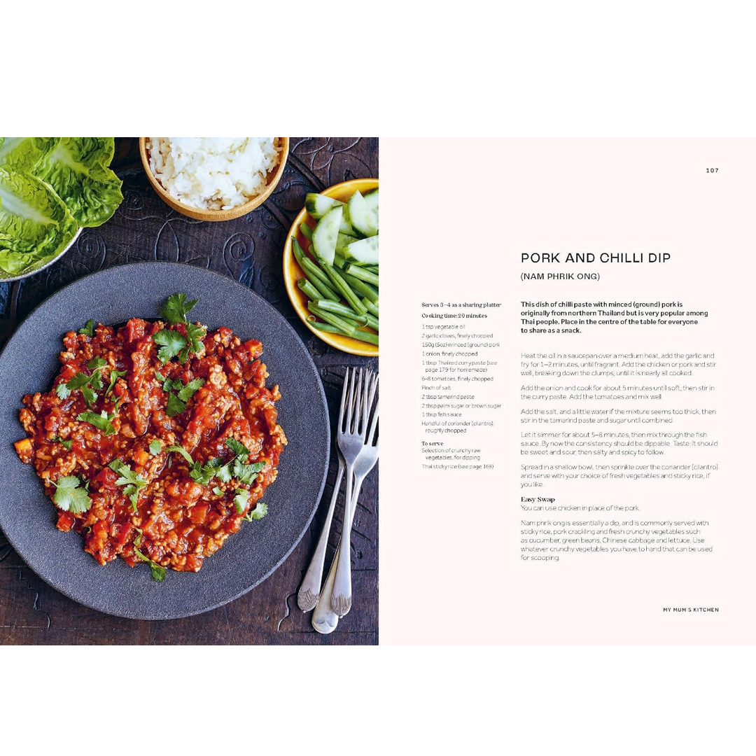 A recipe showing a plated dish of pork and chili dip on the left and recipe text on the right, with lettuce, rice, and sliced green onions around the plate.