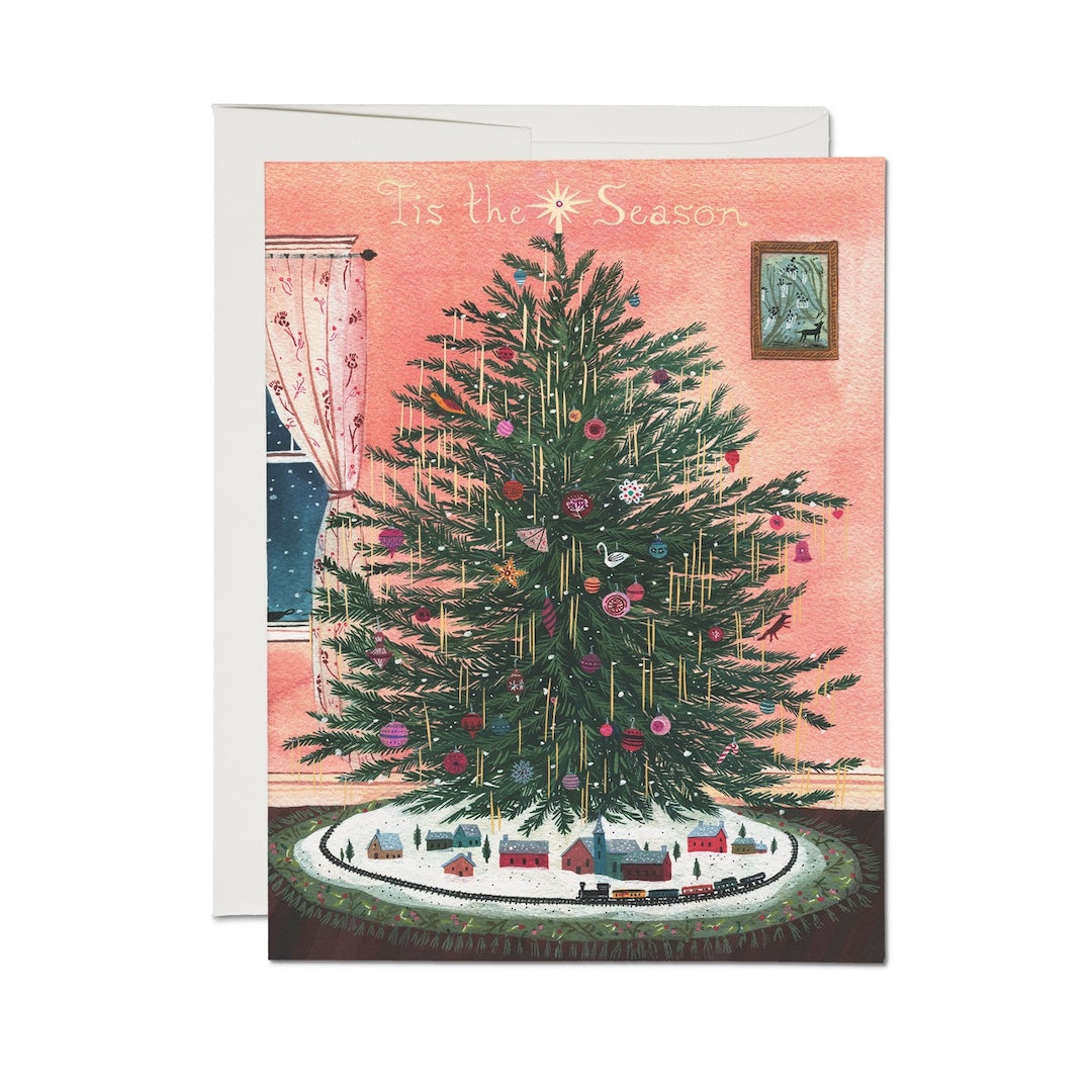 Christmas card with a decorated Christmas tree and 'Tis the Season text.