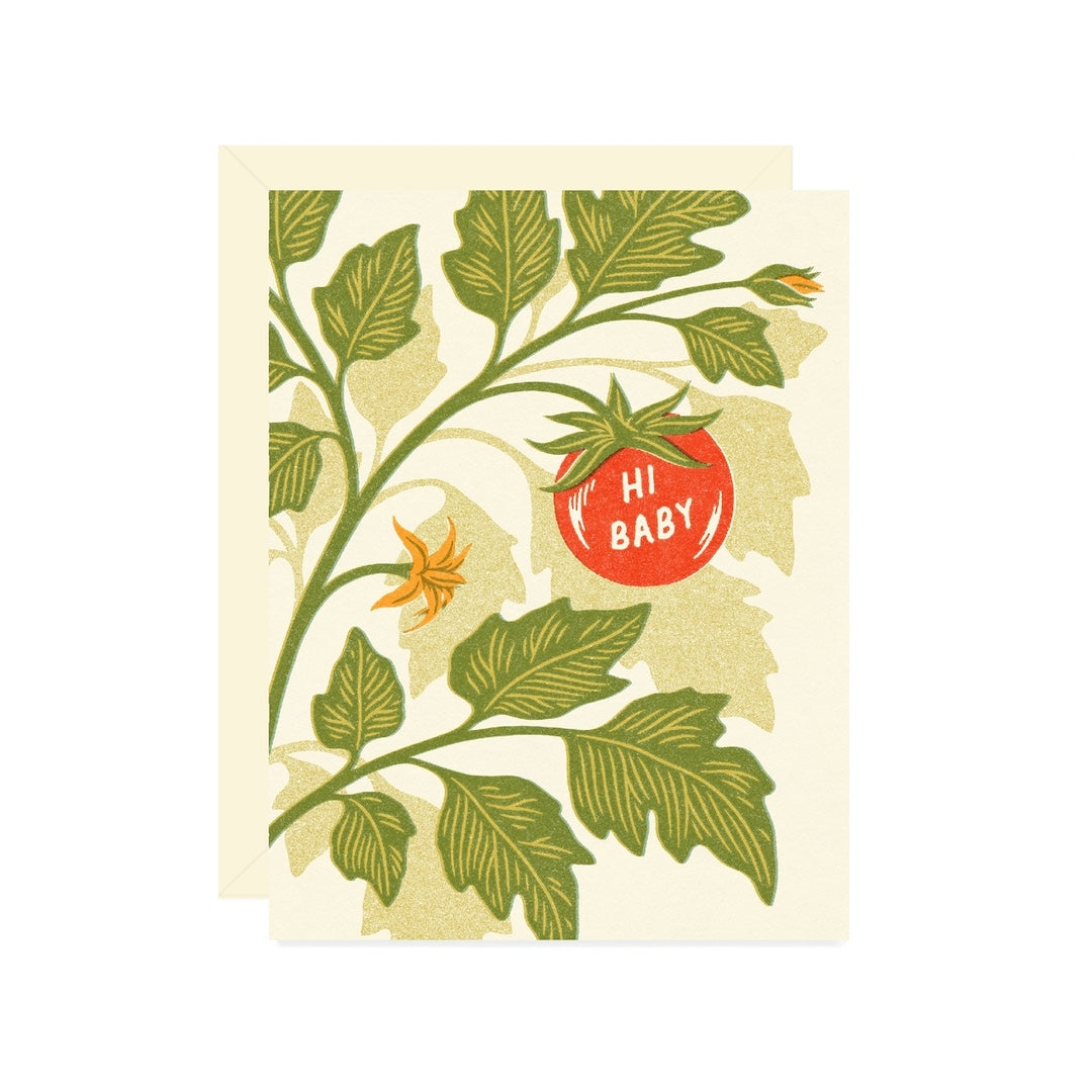 Card with tomato illustration and 'Hi Baby' text on a white background