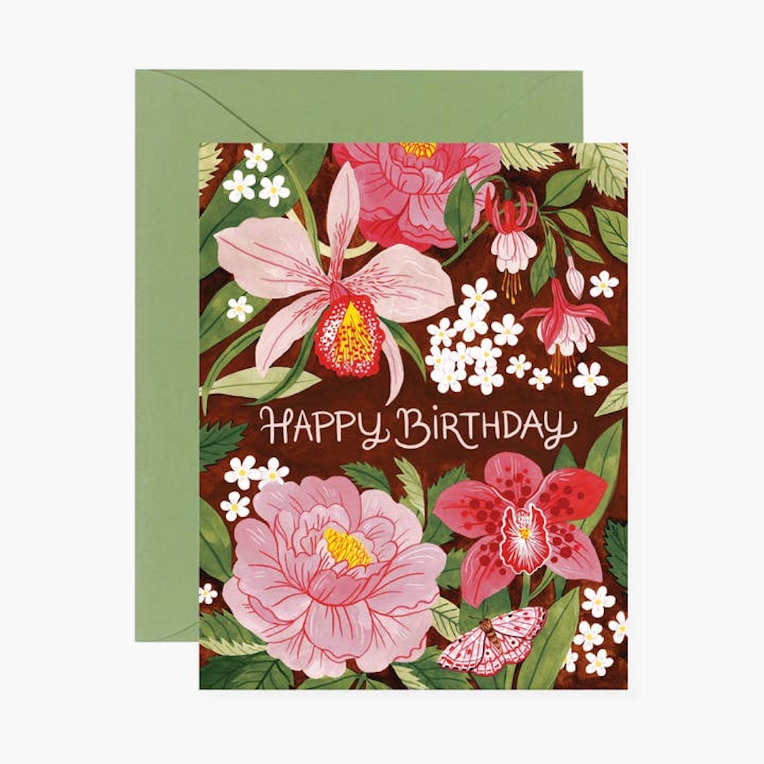 Floral birthday card with pink flowers and 'Happy Birthday' text on a brown background.
