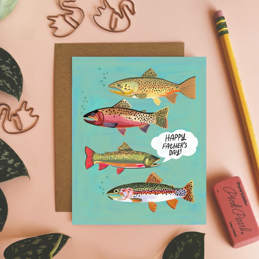Father's Day card with trout illustrations and 'Happy Father's Day!' text on a pink background.