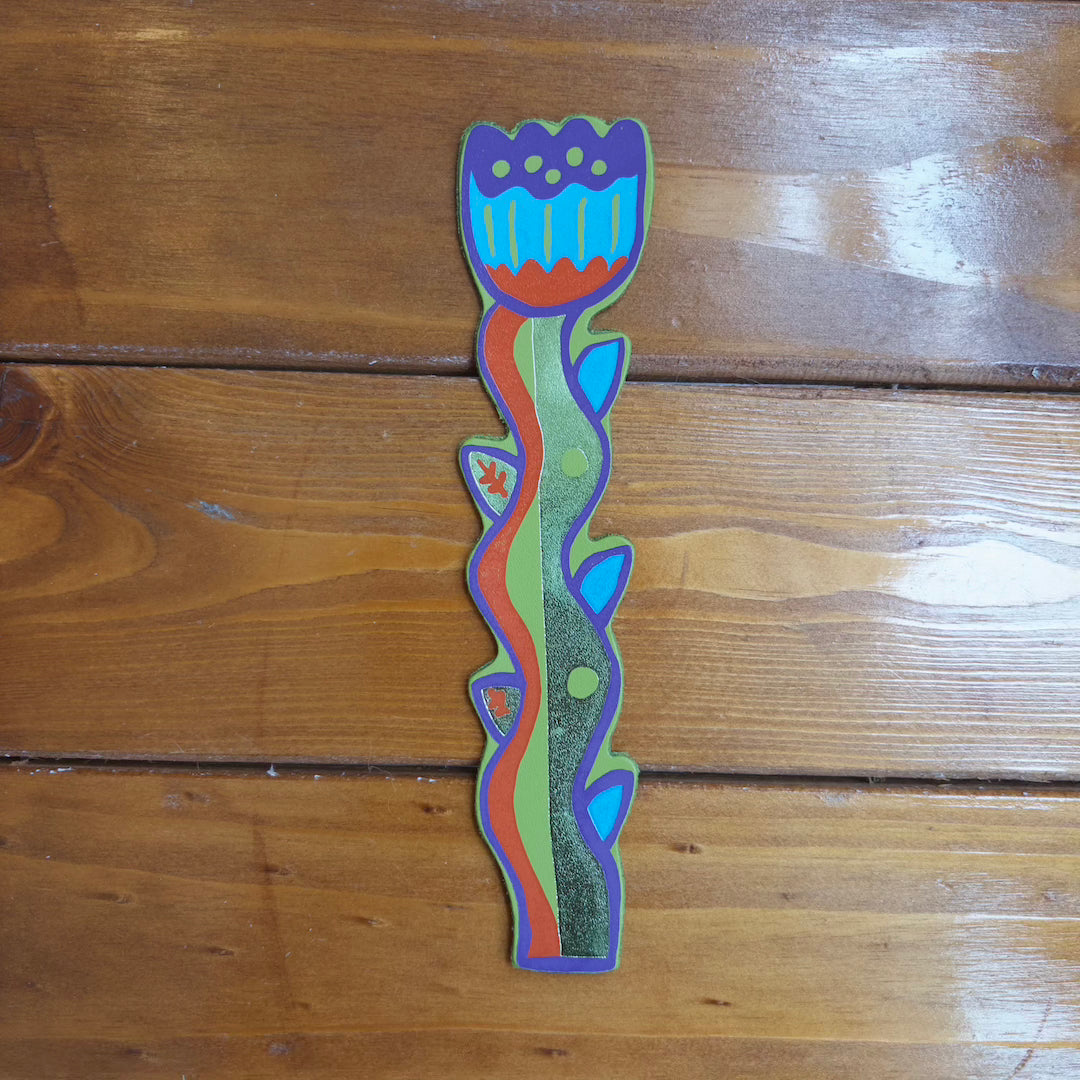 Green, red, purple, and blue colored tulip shaped leather bookmark