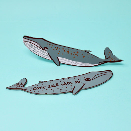 Double sided whale bookmark. One side has "come sail with me" written on it
