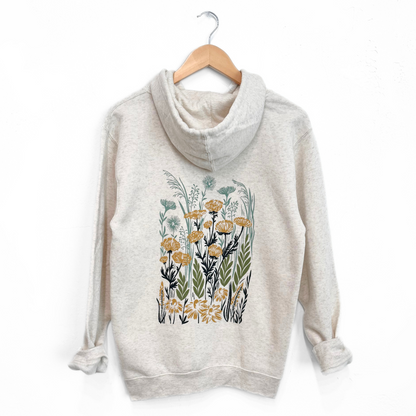 heather white hoodie with floral design on a white background