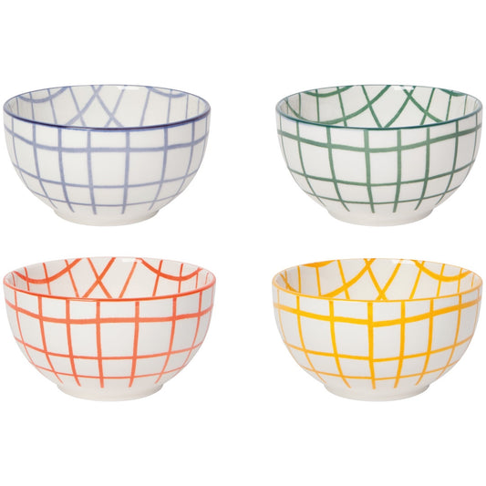 Four ceramic bowls with grid patterns in blue, green, orange, and yellow on a white background.