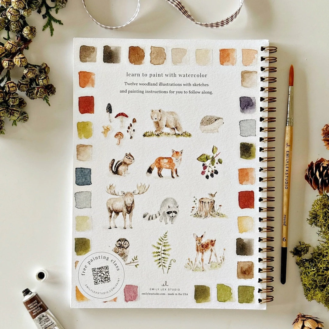 Woodland watercolor workbook back cover that shows nature themed pictures that are included in the workbook