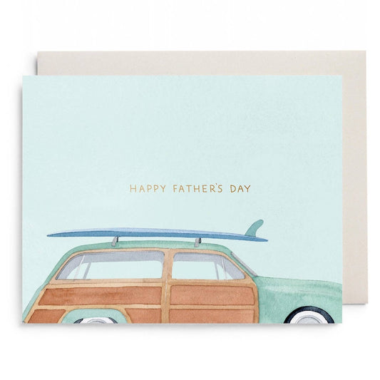 Father's Day card with a vintage station wagon and surfboard on a light blue background
