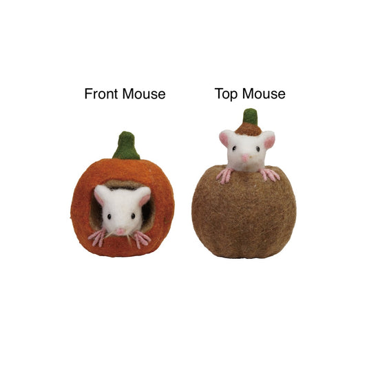 Two felted wool mouse figurines peeking from pumpkins shown on a white background, labeled 'Front Mouse' and 'Top Mouse.' The left pumpkin is orange with a green top and a white mouse peeking out from the front.
