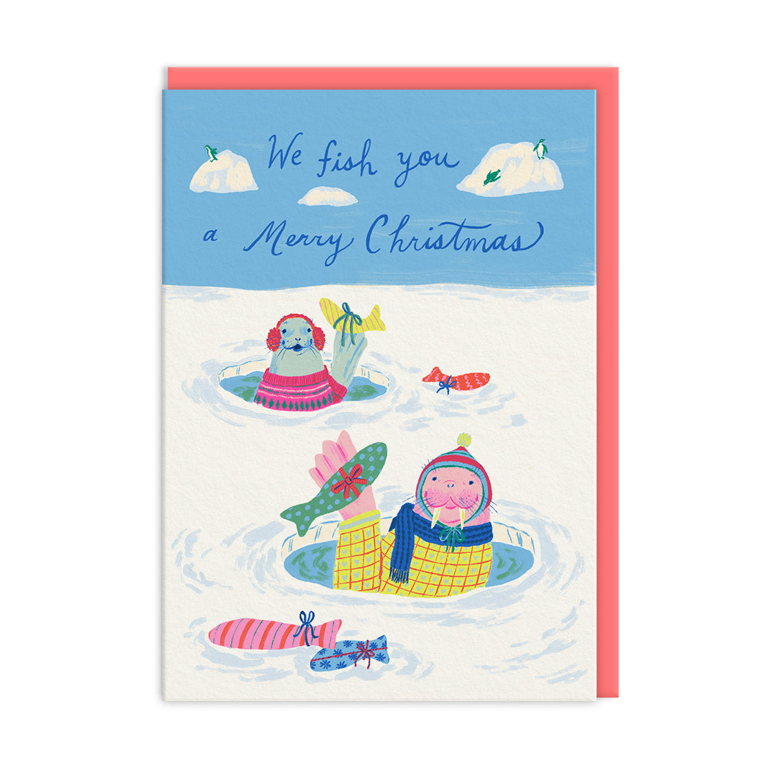 Christmas card with cartoon characters fishing, text 'We fish you a Merry Christmas', on a blue and white background.
