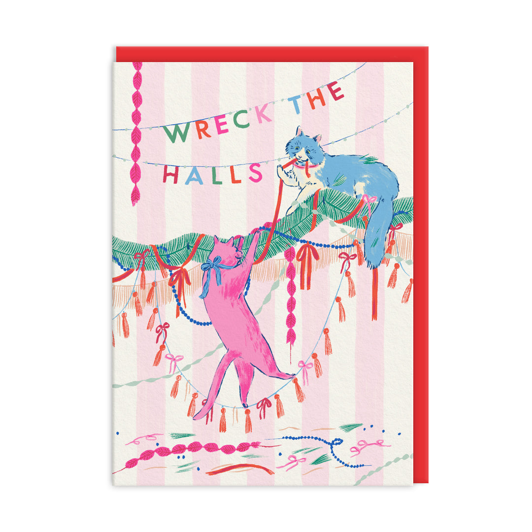 Greeting card with colorful illustration of cats and with a banner that says wreck the halls on a white background
