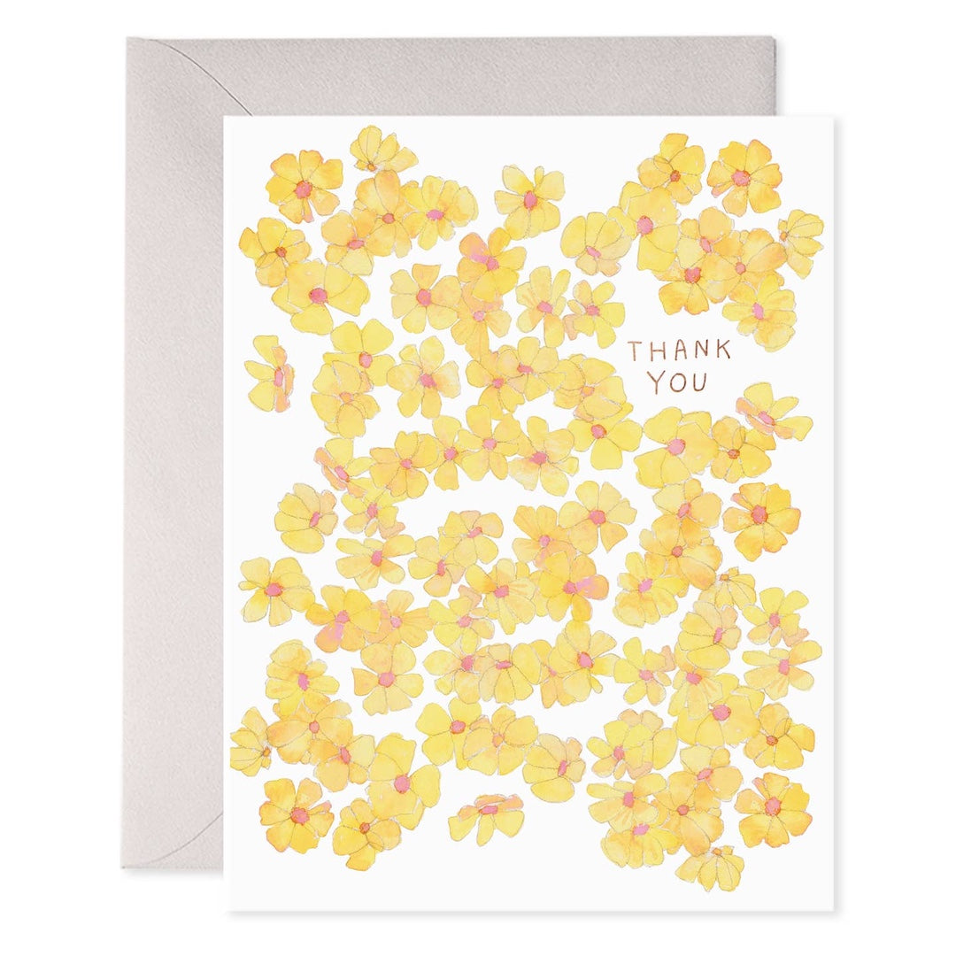 Greeting card with yellow floral design and 'Thank You' text on a white background