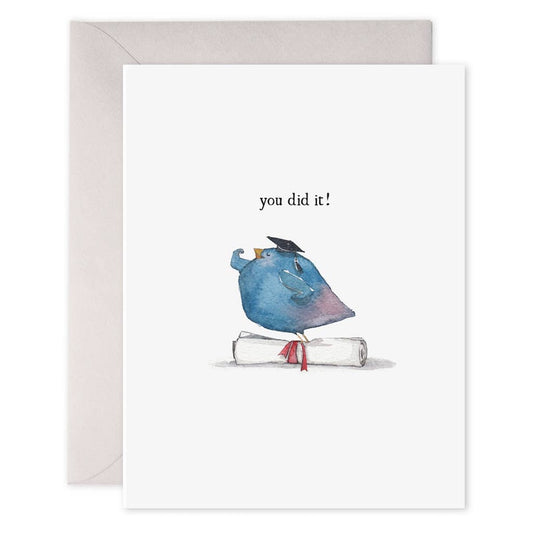 Greeting card with a blue bird holding a scroll and 'you did it!' text on a white background.